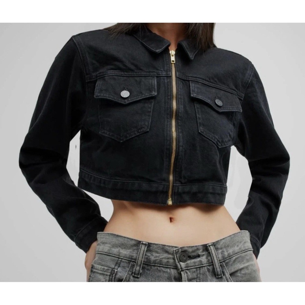 $336 Snacks Mother Women's Black The Chiclet Zip Crop Denim‎ Jacket Size XS